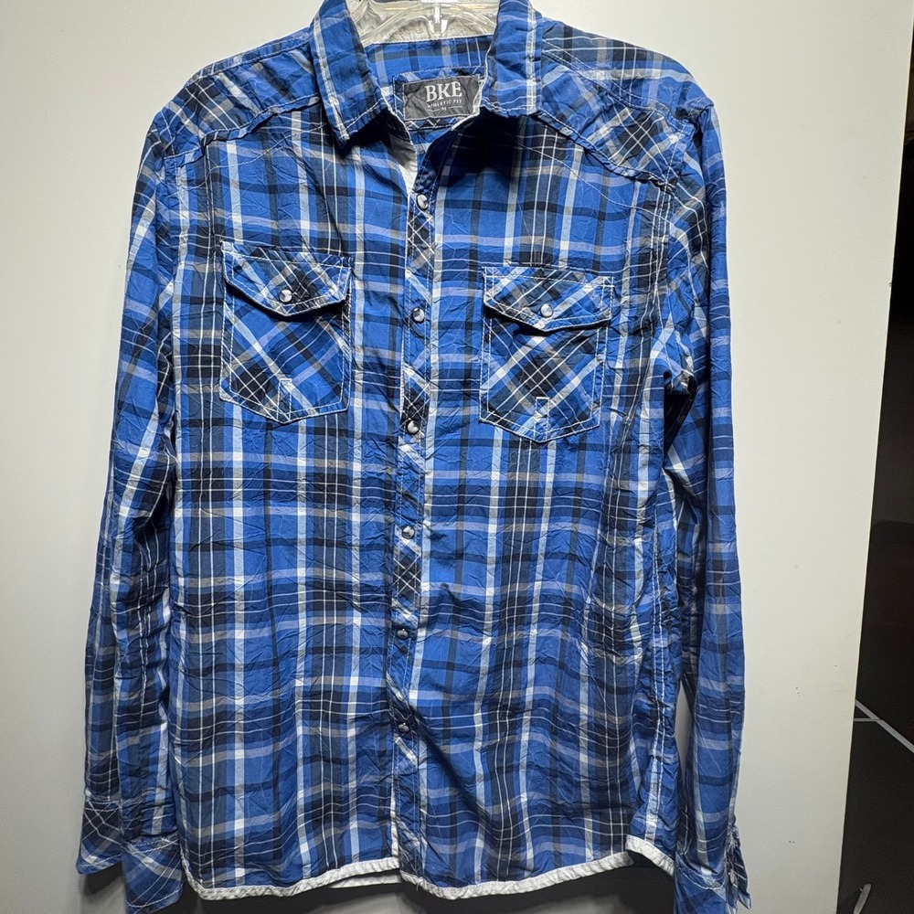 BKE Athletic Fit Mens Medium Blue Black Plaid Snap Button Long Sleeve Western
